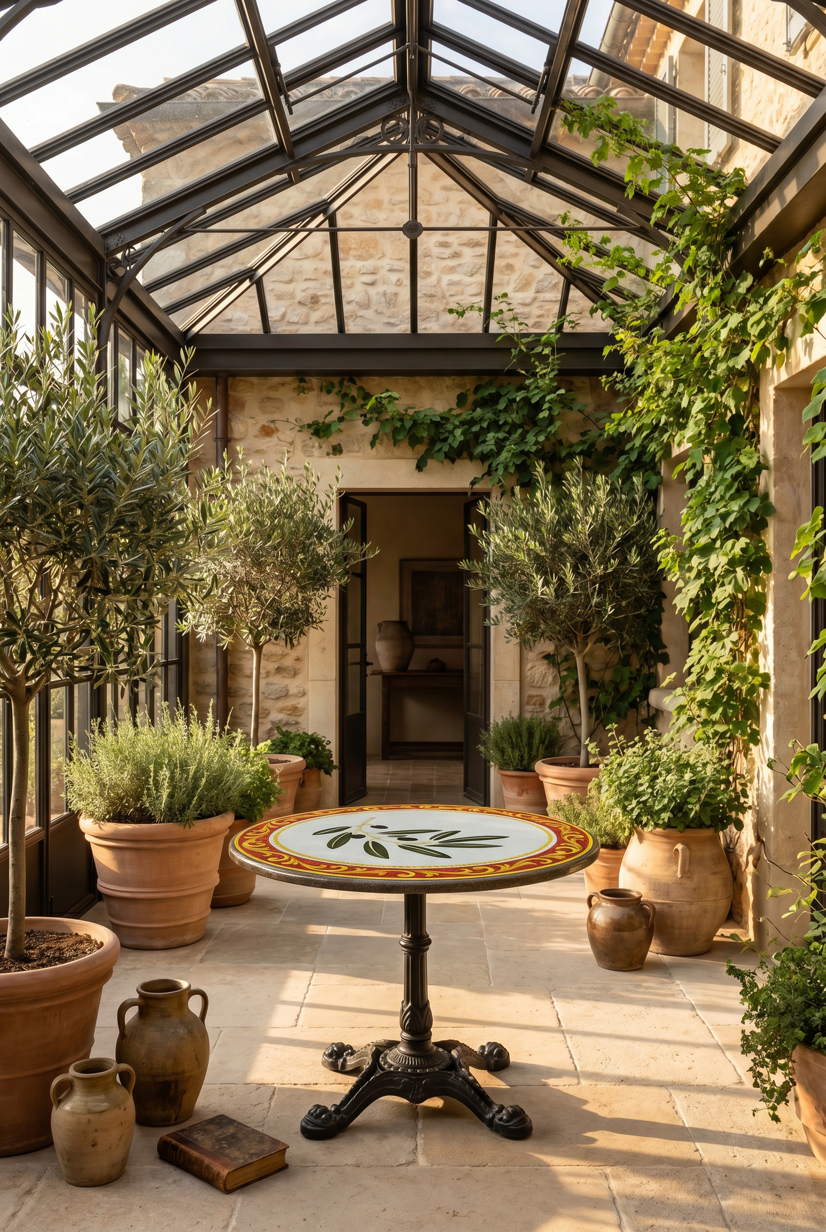 Munita table in a greenhouse-style Mediterranean interior
