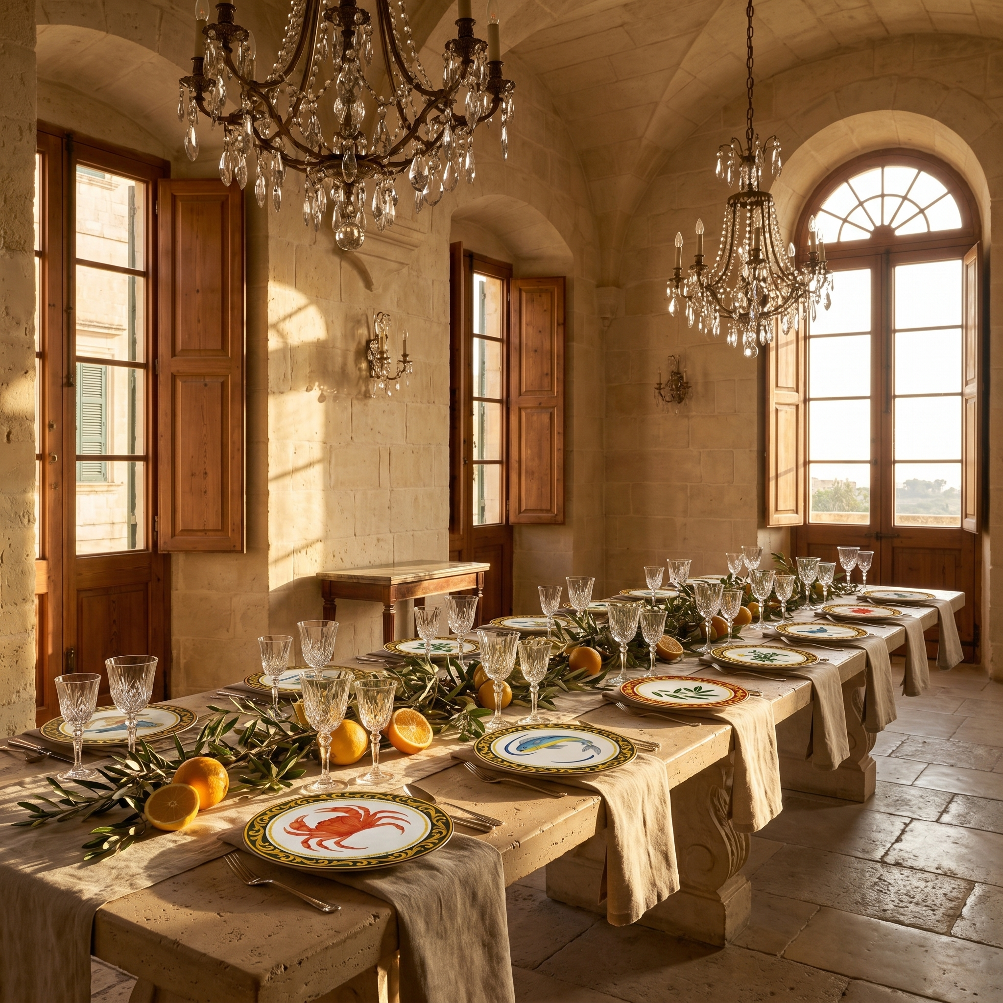 The Munita Collection plates arranged across a limestone dining room