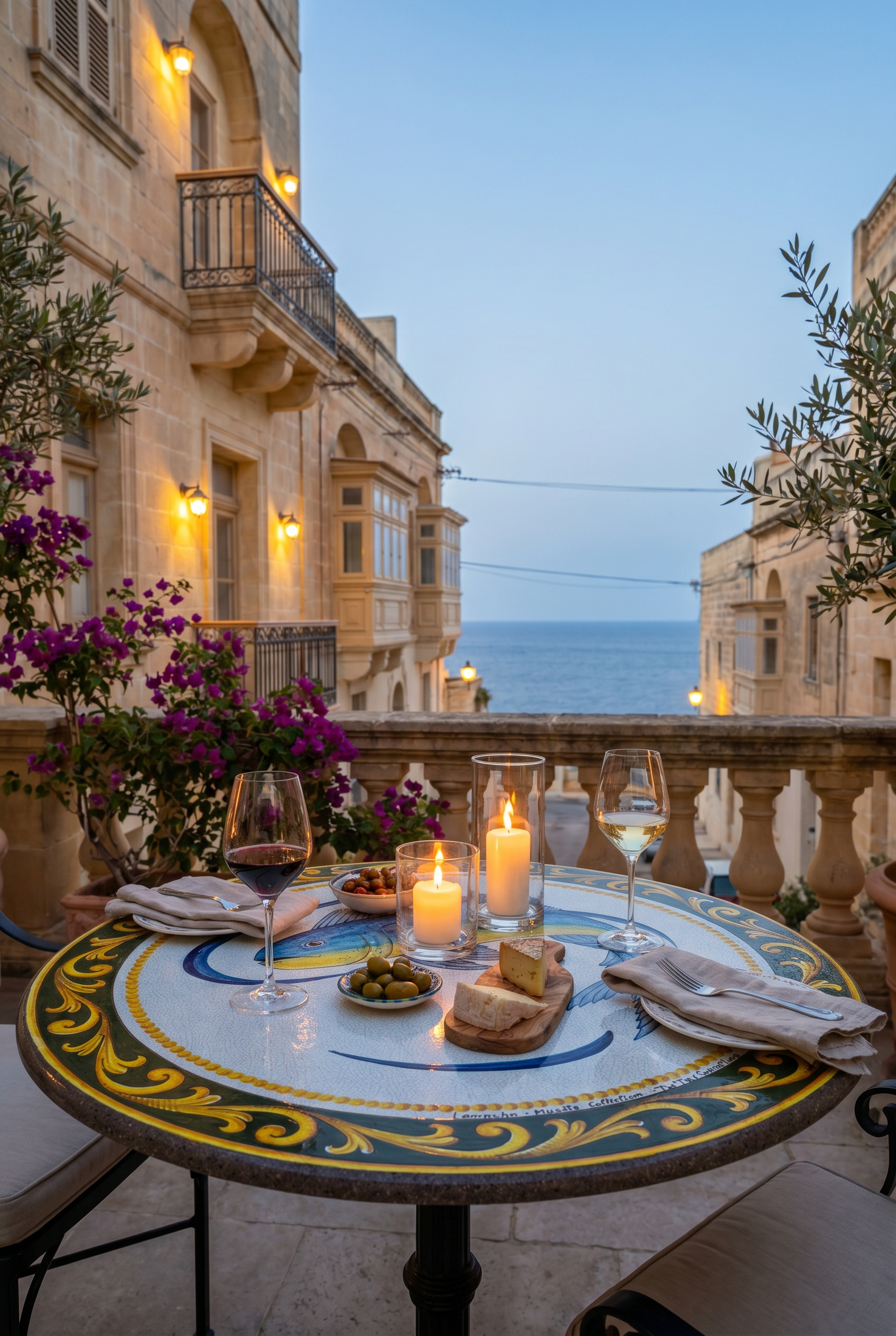The Munita Collection table set on a Maltese balcony at golden hour